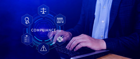 Compliance. Compliance concept with icons and text. Regulations, law, standards, requirements, Rule, audit diagram on virtual screen, Business internet technologyの写真素材