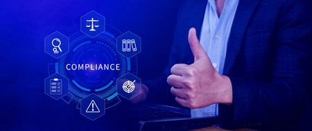 Compliance. Compliance concept with icons and text. Regulations, law, standards, requirements, Rule, audit diagram on virtual screen, Business internet technologyの写真素材