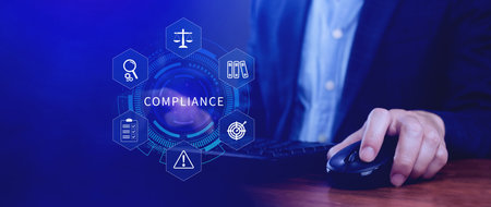 Compliance. Compliance concept with icons and text. Regulations, law, standards, requirements, Rule, audit diagram on virtual screen, Business internet technologyの写真素材