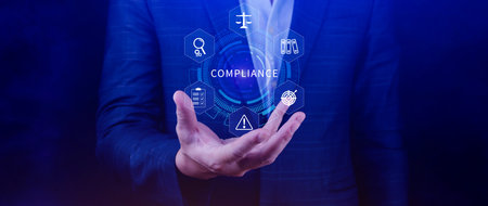 Compliance. Compliance concept with icons and text. Regulations, law, standards, requirements, Rule, audit diagram on virtual screen, Business internet technologyの写真素材