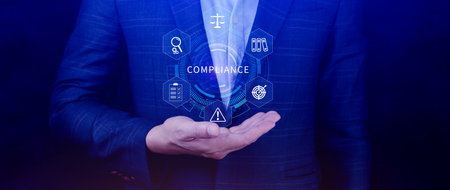 Compliance. Compliance concept with icons and text. Regulations, law, standards, requirements, Rule, audit diagram on virtual screen, Business internet technologyの写真素材