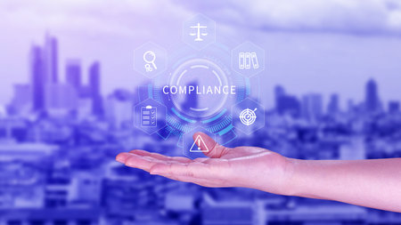 Compliance. Compliance concept with icons and text. Regulations, law, standards, requirements, Rule,...