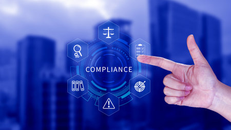 Compliance. Compliance concept with icons and text. Regulations, law, standards, requirements, Rule, audit diagram on virtual screen, Business internet technologyの写真素材