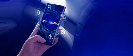 Compliance. Compliance concept with icons and text. Regulations, law, standards, requirements, Rule, audit diagram on virtual screen, Business internet technologyの写真素材