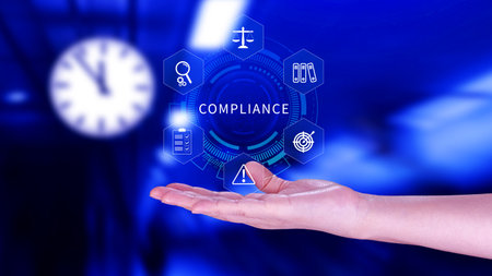 Compliance. Compliance concept with icons and text. Regulations, law, standards, requirements, Rule, audit diagram on virtual screen, Business internet technologyの写真素材