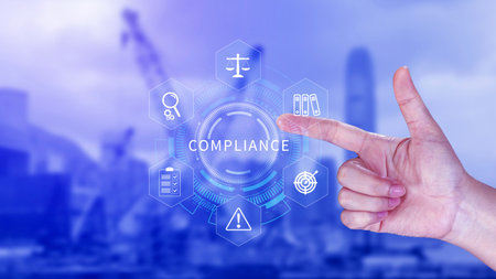 Compliance. Compliance concept with icons and text. Regulations, law, standards, requirements, Rule, audit diagram on virtual screen, Business internet technologyの写真素材