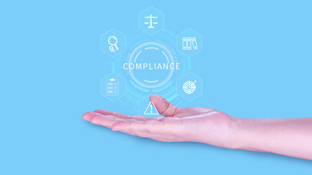 Compliance. Compliance concept with icons and text. Regulations, law, standards, requirements, Rule, audit diagram on virtual screen, Business internet technologyの写真素材