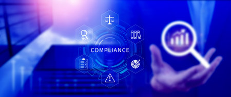 Compliance. Compliance concept with icons and text. Regulations, law, standards, requirements, Rule, audit diagram on virtual screen, Business internet technologyの写真素材