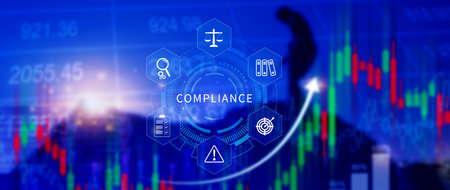 Compliance. Compliance concept with icons and text. Regulations, law, standards, requirements, Rule, audit diagram on virtual screen, Business internet technologyの写真素材