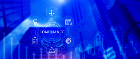 Compliance. Compliance concept with icons and text. Regulations, law, standards, requirements, Rule, audit diagram on virtual screen, Business internet technologyの写真素材
