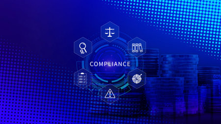 Compliance. Compliance concept with icons and text. Regulations, law, standards, requirements, Rule, audit diagram on virtual screen, Business internet technologyの写真素材