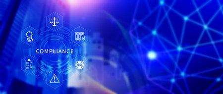 Compliance. Compliance concept with icons and text. Regulations, law, standards, requirements, Rule, audit diagram on virtual screen, Business internet technologyの写真素材