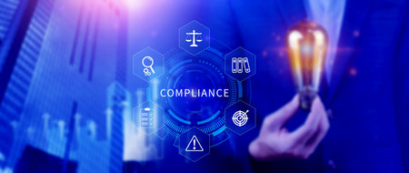 Compliance. Compliance concept with icons and text. Regulations, law, standards, requirements, Rule, audit diagram on virtual screen, Business internet technologyの写真素材