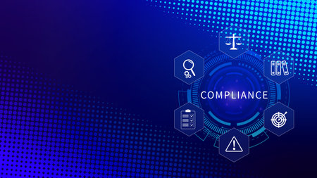 Compliance. Compliance concept with icons and text. Regulations, law, standards, requirements, Rule, audit diagram on virtual screen, Business internet technologyの写真素材