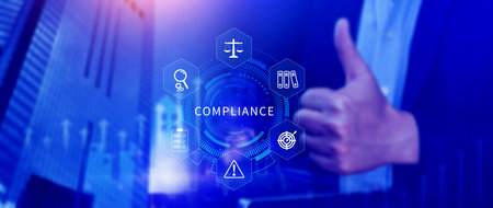 Compliance. Compliance concept with icons and text. Regulations, law, standards, requirements, Rule, audit diagram on virtual screen, Business internet technologyの写真素材