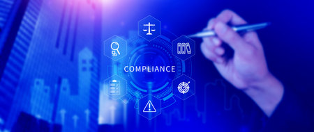 Compliance. Compliance concept with icons and text. Regulations, law, standards, requirements, Rule, audit diagram on virtual screen, Business internet technologyの写真素材