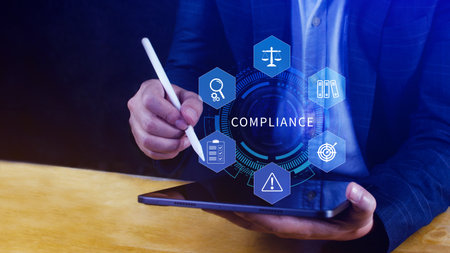 Compliance. Compliance concept with icons and text. Regulations, law, standards, requirements, Rule, audit diagram on virtual screen, Business internet technologyの写真素材