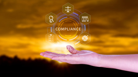 Compliance. Compliance concept with icons and text. Regulations, law, standards, requirements, Rule, audit diagram on virtual screen, Business internet technologyの写真素材
