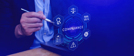 Compliance. Compliance concept with icons and text. Regulations, law, standards, requirements, Rule, audit diagram on virtual screen, Business internet technologyの写真素材