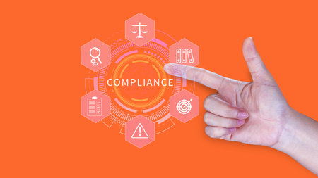 Compliance. Compliance concept with icons and text. Regulations, law, standards, requirements, Rule, audit diagram on virtual screen, Business internet technologyの写真素材