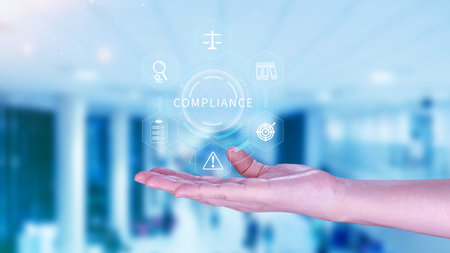 Compliance. Compliance concept with icons and text. Regulations, law, standards, requirements, Rule, audit diagram on virtual screen, Business internet technologyの写真素材