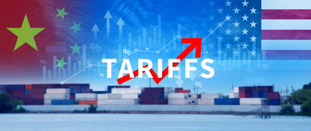 Trade war policy United States with China, United States tariffs government import tariff China, increase the China economy. Industrial Tariffs growth, Import Tariffs increase, Dollar vs Yuan war.の写真素材