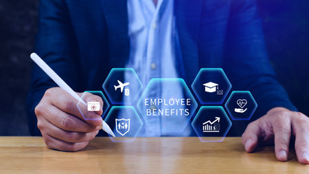 Employee Benefits Career Concept. Business Bonus Work Perks, Fringe benefits for employee engagement, Insurance, paid vacation, office perksの写真素材