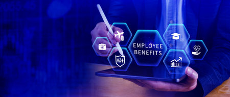 Employee Benefits Career Concept. Business Bonus Work Perks, Fringe benefits for employee engagement, Insurance, paid vacation, office perksの写真素材
