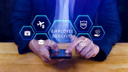 Employee Benefits Career Concept. Business Bonus Work Perks, Fringe benefits for employee engagement, Insurance, paid vacation, office perksの写真素材