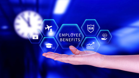 Employee Benefits Career Concept. Business Bonus Work Perks, Fringe benefits for employee engagement, Insurance, paid vacation, office perksの写真素材