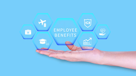 Employee Benefits Career Concept. Business Bonus Work Perks, Fringe benefits for employee engagement, Insurance, paid vacation, office perksの写真素材