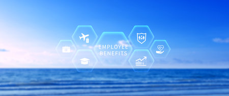 Employee Benefits Career Concept. Business Bonus Work Perks, Fringe benefits for employee engagement, Insurance, paid vacation, office perksの写真素材