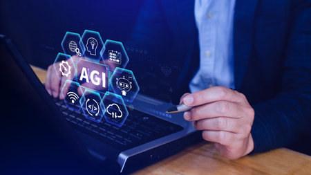 AGI concept, Artificial general intelligence, AI knowledge learning technology, AGI is the future of modern world, combination of humans and AIの写真素材