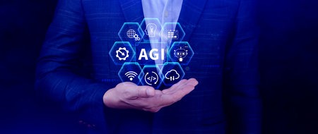 AGI concept, Artificial general intelligence, AI knowledge learning technology, AGI is the future of modern world, combination of humans and AIの写真素材