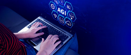 AGI concept, Artificial general intelligence, AI knowledge learning technology, AGI is the future of modern world, combination of humans and AIの写真素材