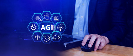 AGI concept, Artificial general intelligence, AI knowledge learning technology, AGI is the future of modern world, combination of humans and AIの写真素材
