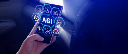AGI concept, Artificial general intelligence, AI knowledge learning technology, AGI is the future of modern world, combination of humans and AIの写真素材