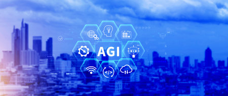 AGI concept, Artificial general intelligence, AI knowledge learning technology, AGI is the future of modern world, combination of humans and AIの写真素材