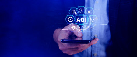 AGI concept, Artificial general intelligence, AI knowledge learning technology, AGI is the future of modern world, combination of humans and AIの写真素材