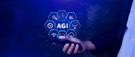 AGI concept, Artificial general intelligence, AI knowledge learning technology, AGI is the future of modern world, combination of humans and AIの写真素材