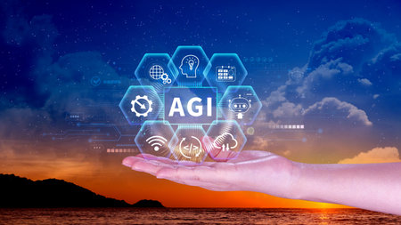 AGI concept, Artificial general intelligence, AI knowledge learning technology, AGI is the future of modern world, combination of humans and AIの写真素材