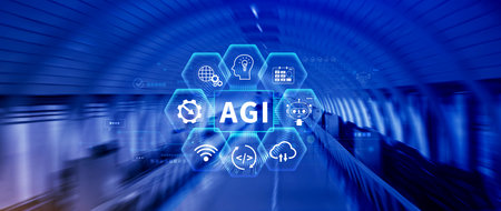 AGI concept, Artificial general intelligence, AI knowledge learning technology, AGI is the future of modern world, combination of humans and AIの写真素材