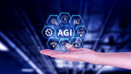 AGI concept, Artificial general intelligence, AI knowledge learning technology, AGI is the future of modern world, combination of humans and AIの写真素材