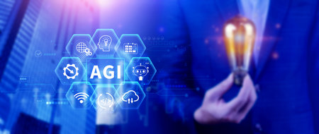 AGI concept, Artificial general intelligence, AI knowledge learning technology, AGI is the future of modern world, combination of humans and AIの写真素材