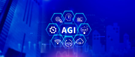 AGI concept, Artificial general intelligence, AI knowledge learning technology, AGI is the future of modern world, combination of humans and AIの写真素材