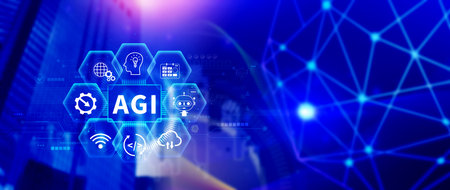 AGI concept, Artificial general intelligence, AI knowledge learning technology, AGI is the future of modern world, combination of humans and AIの写真素材