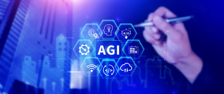 AGI concept, Artificial general intelligence, AI knowledge learning technology, AGI is the future of modern world, combination of humans and AIの写真素材