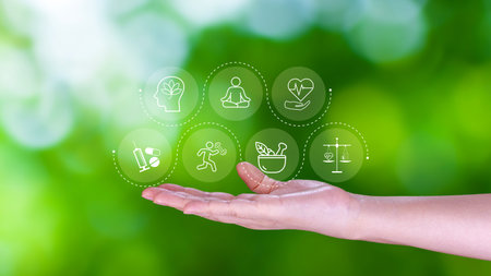 Wellness longevity and Holistic Concept. health care, including mental wellbeing, fitness,...