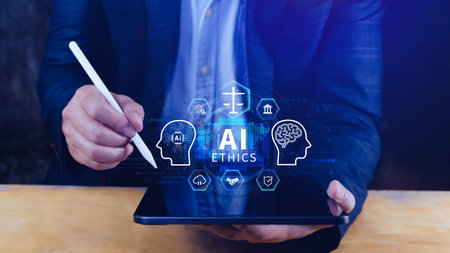 AI ethics expert guides the way, balancing artificial intelligence with humanity, Icons related AI ethics, symbols of legal scales, security, ethical standards and regulations in AI technology.の写真素材