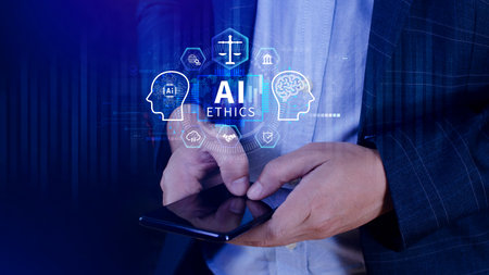 AI ethics expert guides the way, balancing artificial intelligence with humanity, Icons related AI ethics, symbols of legal scales, security, ethical standards and regulations in AI technology.の写真素材